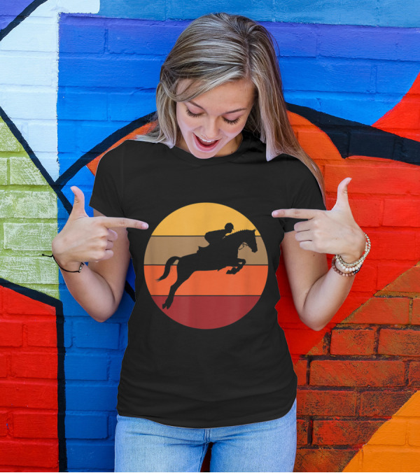 Equestrian Sunset Silhouette Horse Rider Retro Stripe T-Shirt