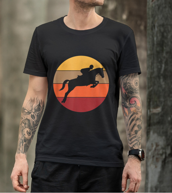 Equestrian Sunset Silhouette Horse Rider Retro Stripe T-Shirt