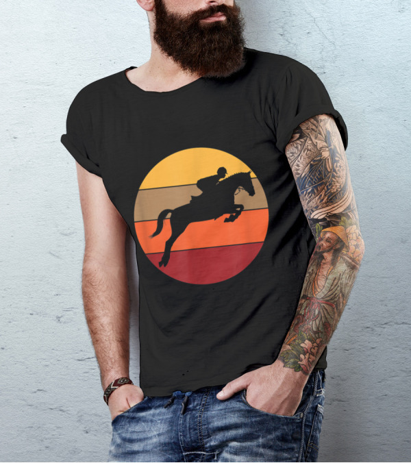 Equestrian Sunset Silhouette Horse Rider Retro Stripe T-Shirt
