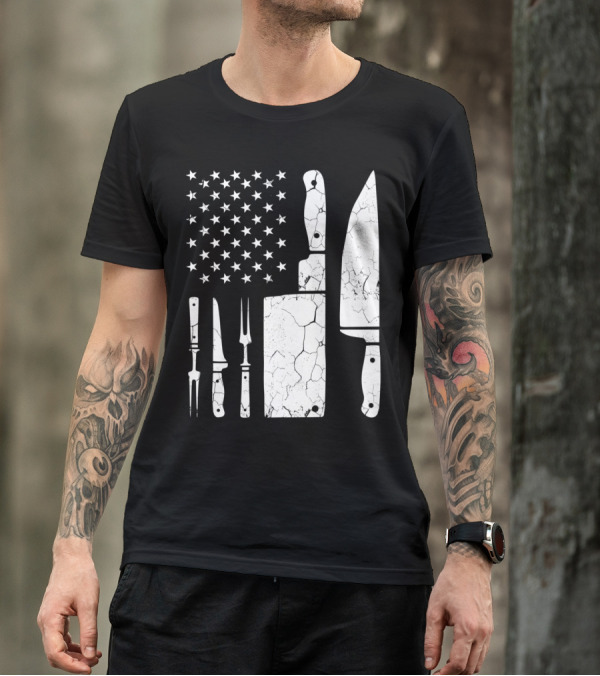 Cracked Vintage Knife Set American Flag Chef Cooking Concept T-Shirt