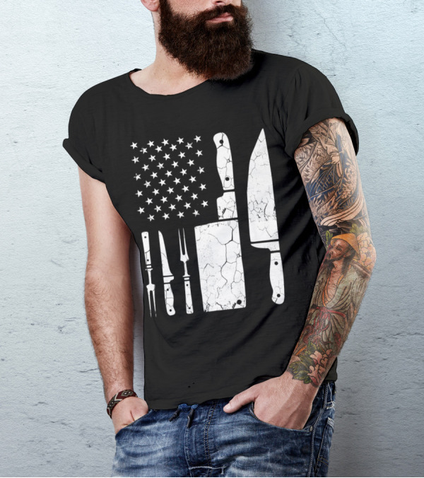 Cracked Vintage Knife Set American Flag Chef Cooking Concept T-Shirt
