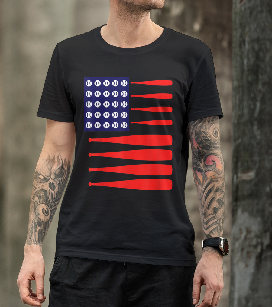 Patriotic 4th July USA Flag With Baseballs And Bats T-Shirt