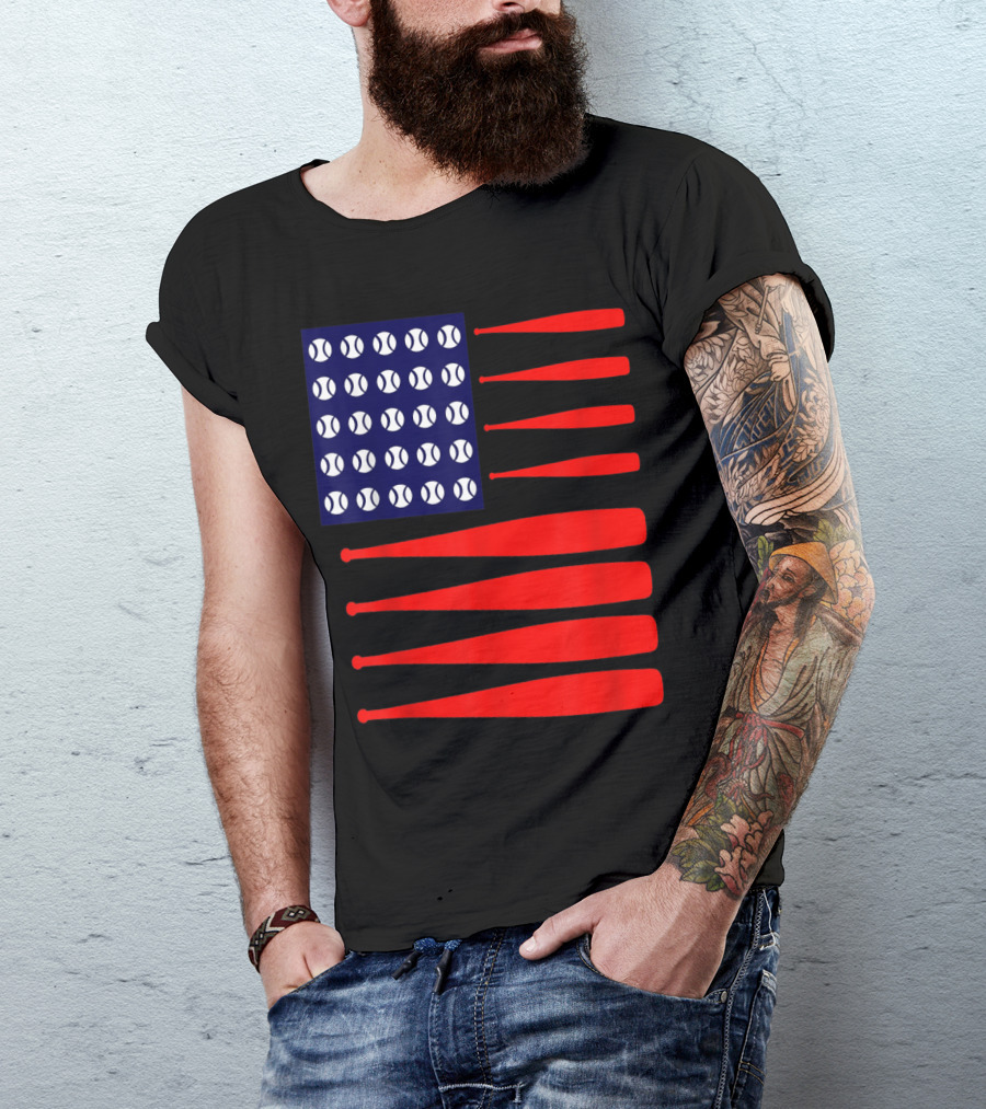 Patriotic 4th July USA Flag With Baseballs And Bats T-Shirt