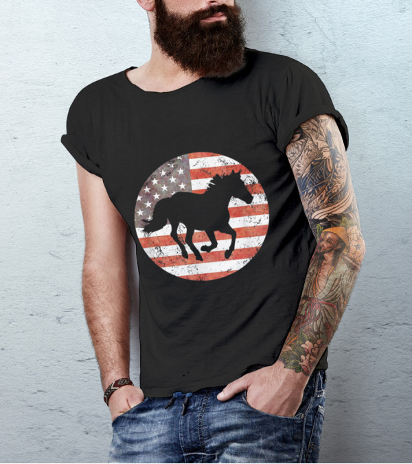 Patriotic Horse Riding 4th July American Flag Horse Lover T-Shirt