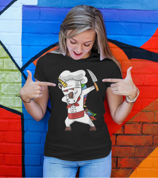 Chef Dabbing Unicorn With Knife In Rainbow Outfit Funny Magi T-Shirt