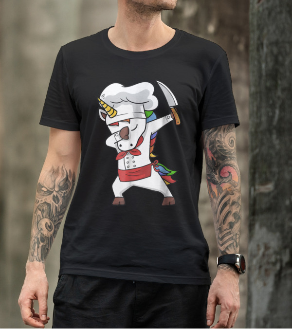 Chef Dabbing Unicorn With Knife In Rainbow Outfit Funny Magi T-Shirt