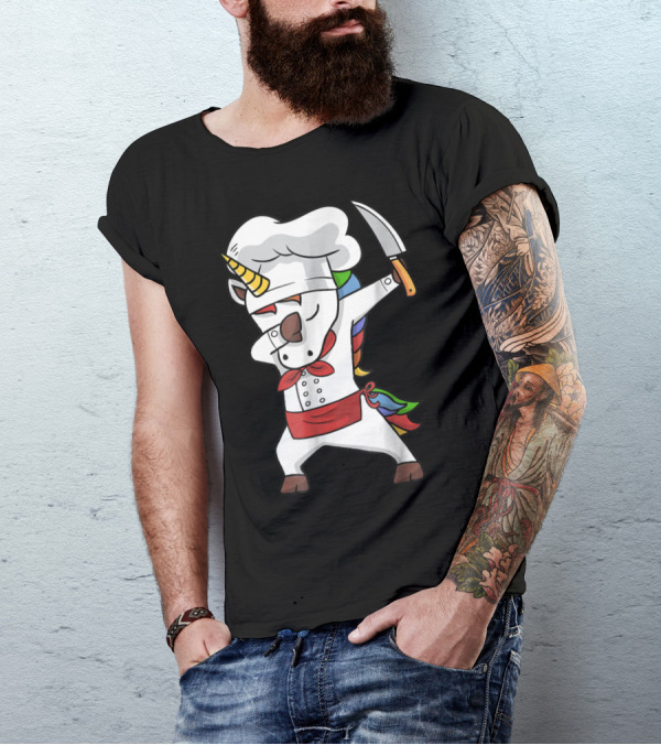 Chef Dabbing Unicorn With Knife In Rainbow Outfit Funny Magi T-Shirt
