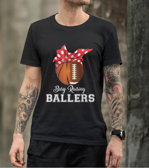 Busy Raising Ballers Basketball Football Polka Dot Bandana T-Shirt