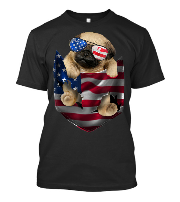 Patriotic Pug Wearing American Flag Sunglasses In Stars And Stripes Pocket T-Shirt