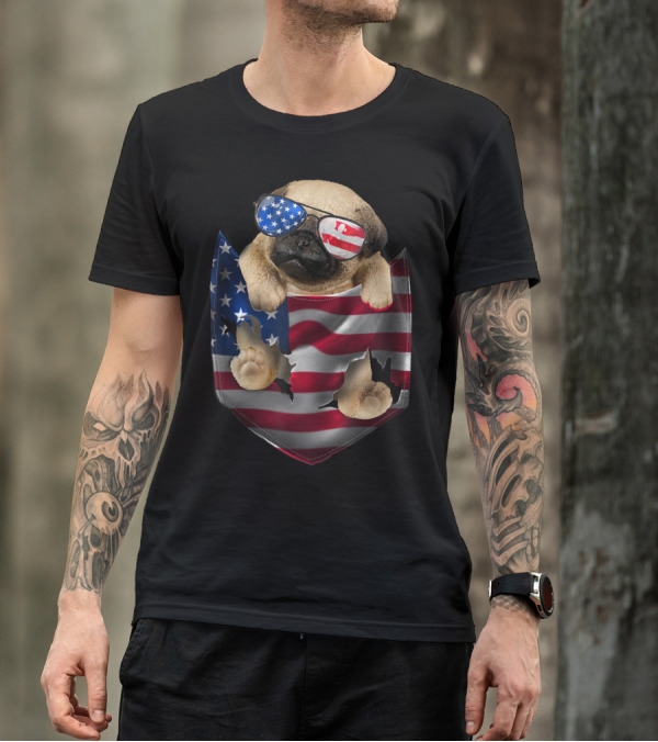 Patriotic Pug Wearing American Flag Sunglasses In Stars And Stripes Pocket T-Shirt