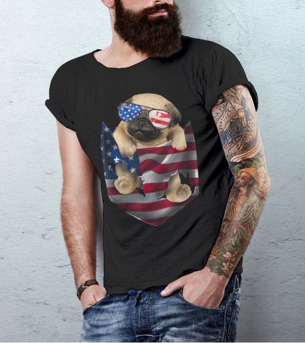 Patriotic Pug Wearing American Flag Sunglasses In Stars And Stripes Pocket T-Shirt