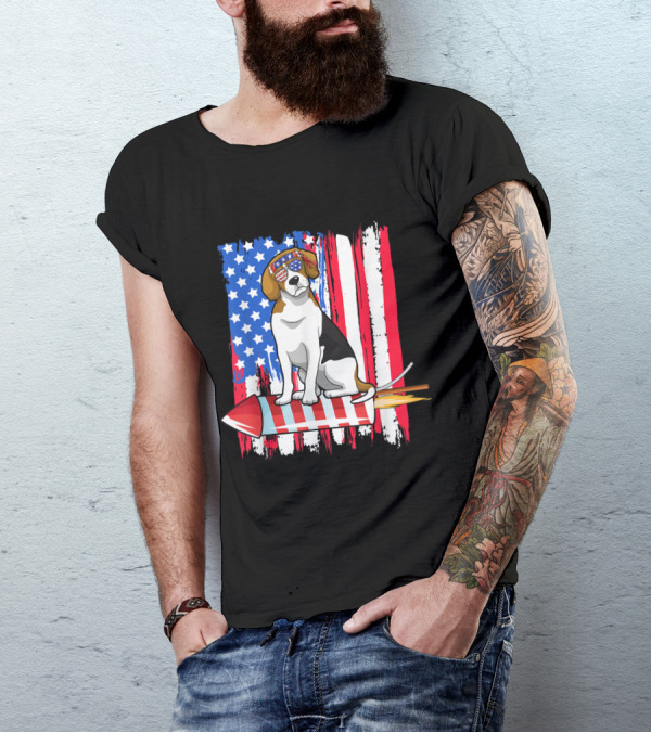 Patriotic Beagle Riding Firework With American Flag For 4th Of July T-Shirt