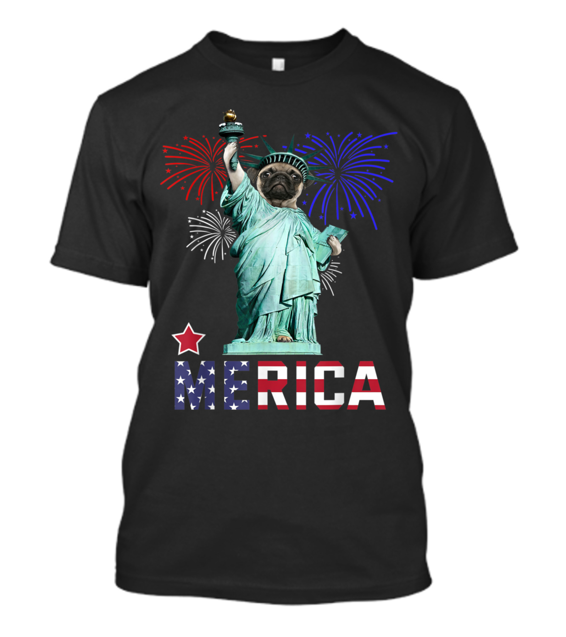 Merica Kids 4th July Statue Of Liberty Pug Fireworks T-Shirt