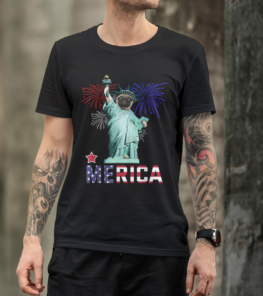 Merica Kids 4th July Statue Of Liberty Pug Fireworks T-Shirt