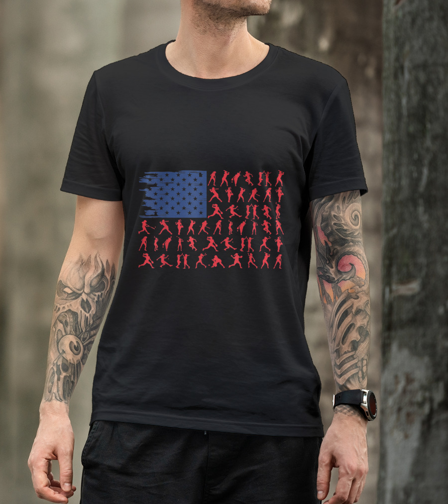 4th July Softball Silhouettes American Flag T-Shirt
