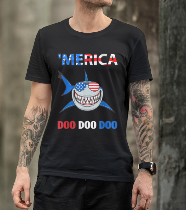 Merica Shark Wearing American Flag Sunglasses Doo Doo Doo 4th Of July T-Shirt