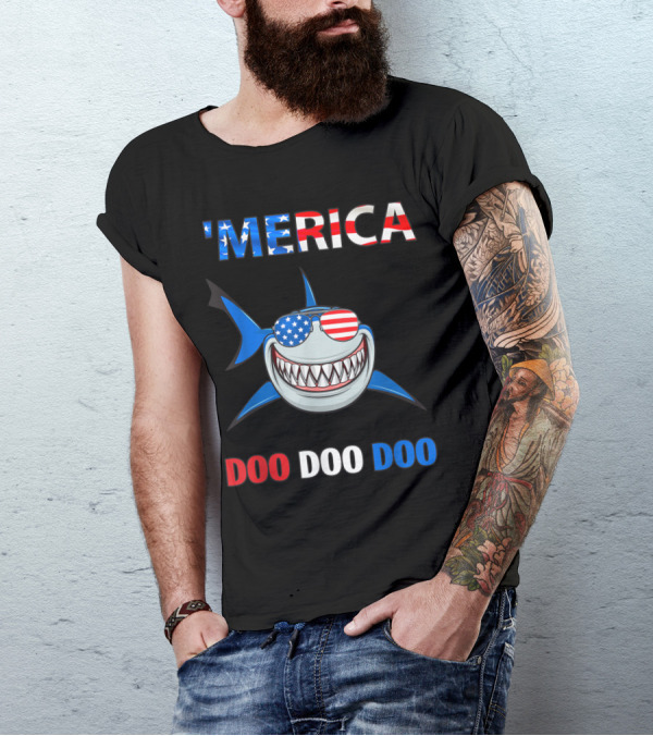 Merica Shark Wearing American Flag Sunglasses Doo Doo Doo 4th Of July T-Shirt
