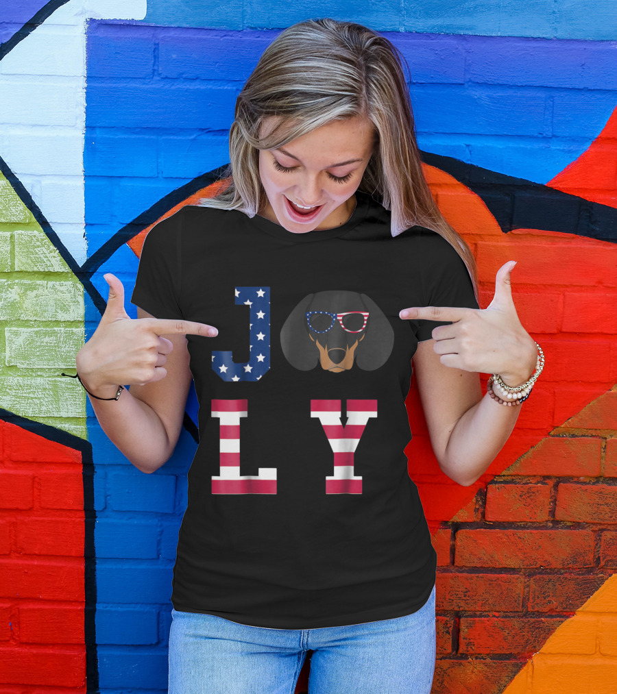 4th Of July JOLY With Dachshund Wearing American Flag Sunglasses T-Shirt
