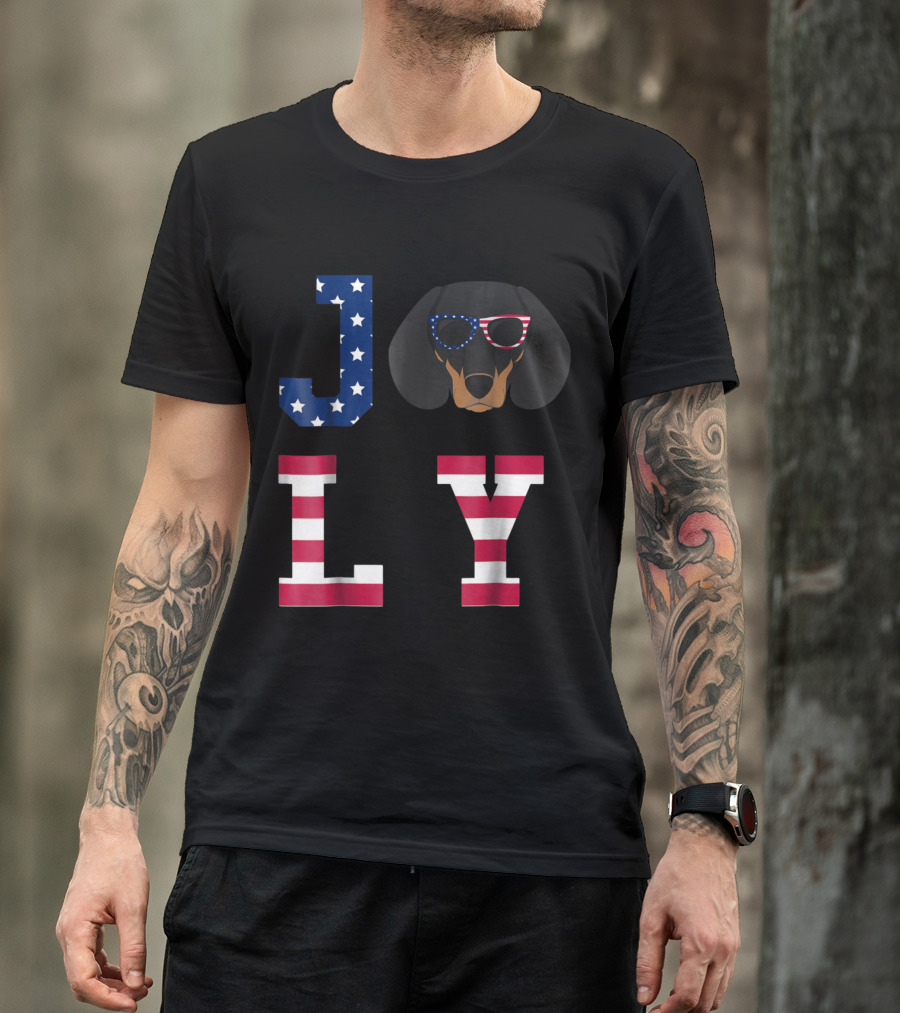 4th Of July JOLY With Dachshund Wearing American Flag Sunglasses T-Shirt