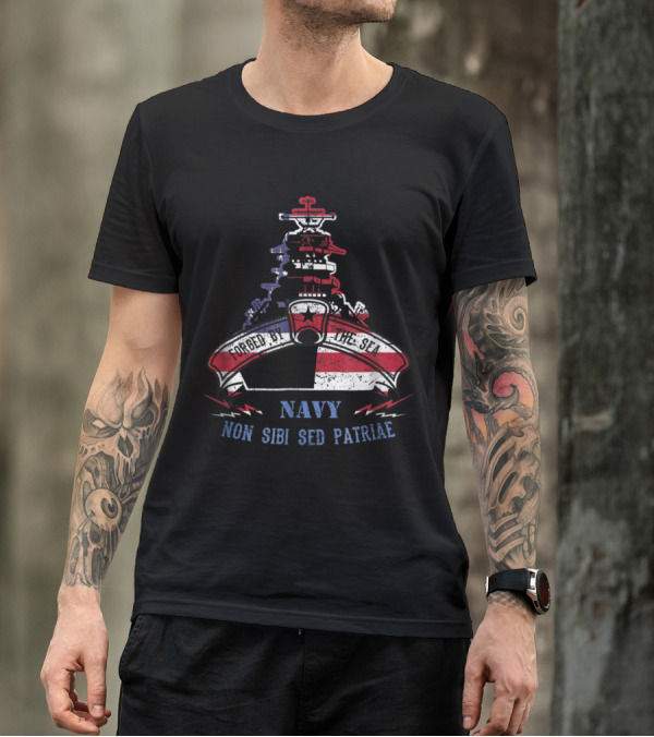 Navy Forged By The Sea With American Flag And Non Sibi Sed Patriae Banner T-Shirt