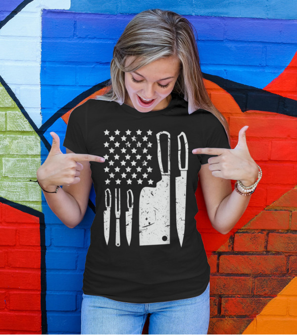 Patriotic American Chef Knife Set With Stars And Cleaver T-Shirt
