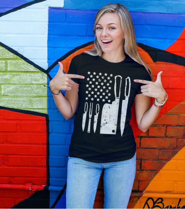 Patriotic American Chef Knife Set With Stars And Cleaver T-Shirt