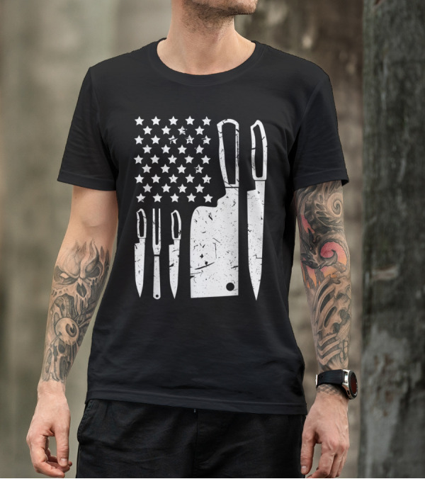 Patriotic American Chef Knife Set With Stars And Cleaver T-Shirt