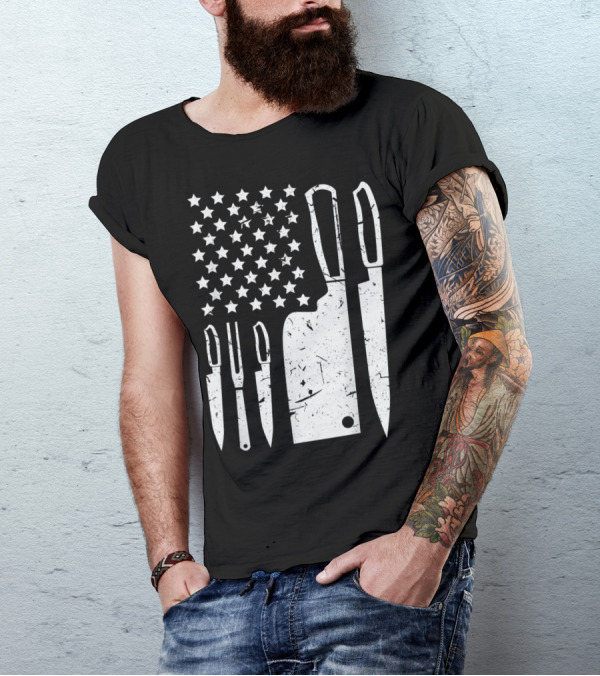 Patriotic American Chef Knife Set With Stars And Cleaver T-Shirt