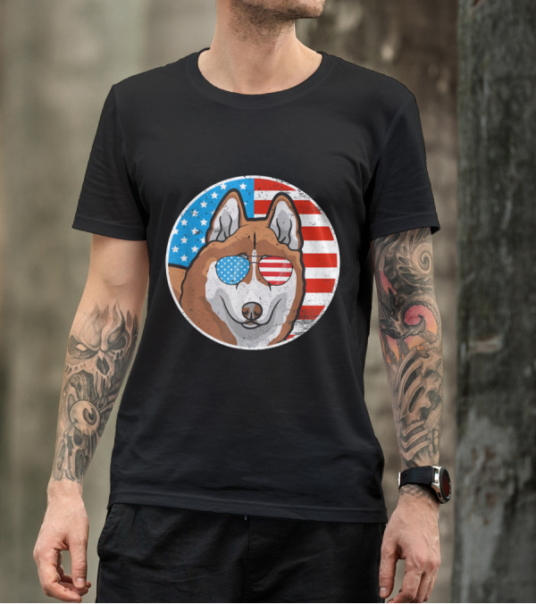 4th Of July Akita Dog American Flag Sunglasses T-Shirt