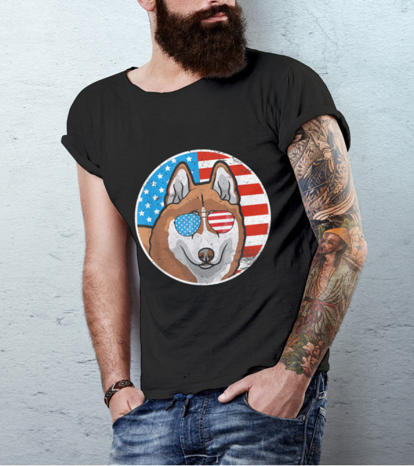 4th Of July Akita Dog American Flag Sunglasses T-Shirt