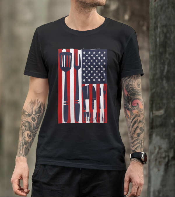 Patriotic American Flag With Chef Knives And Cooking Utensils Design USA T-Shirt