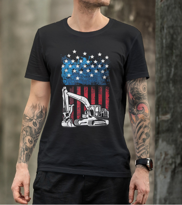 4th Of July American Flag Construction Machine T-Shirt