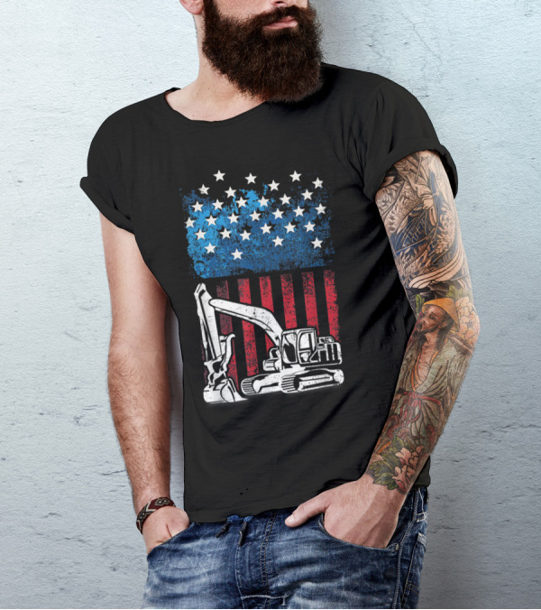 4th Of July American Flag Construction Machine T-Shirt