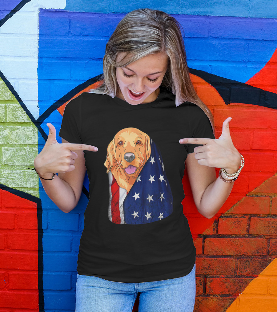 Golden Retriever Wrapped In American Flag For 4th Of July Celebrations T-Shirt