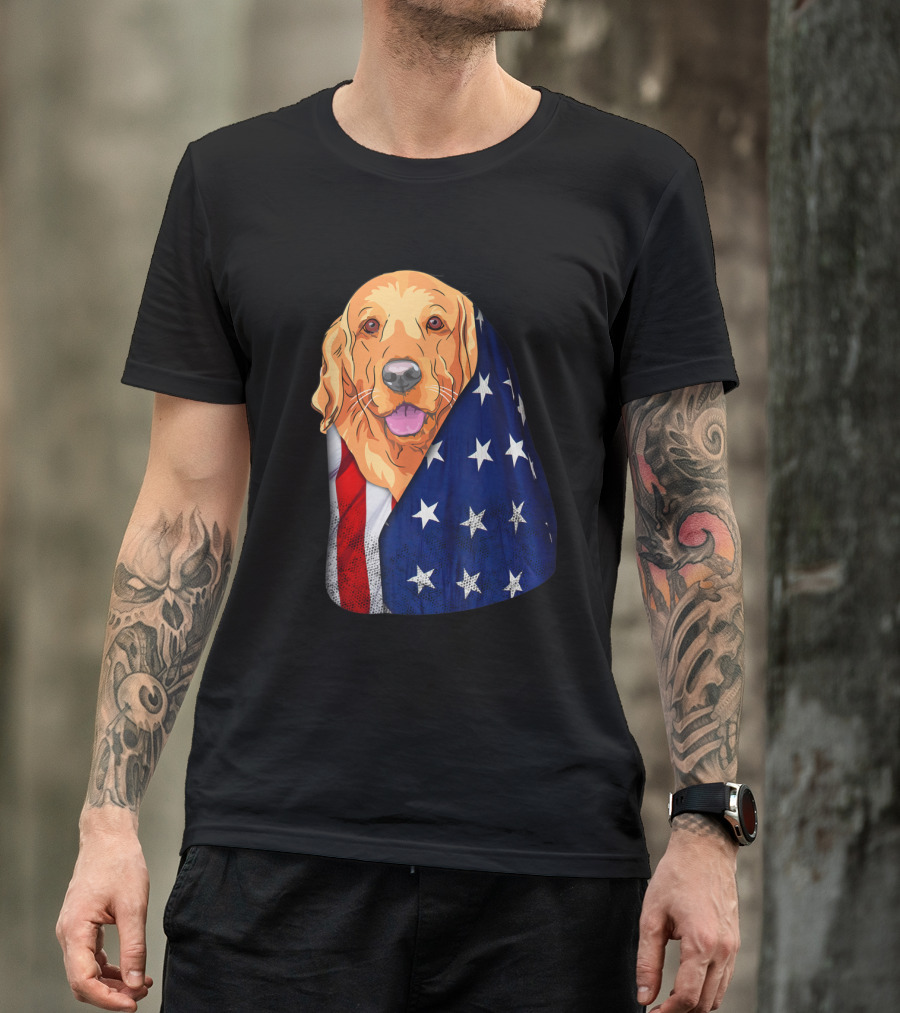 Golden Retriever Wrapped In American Flag For 4th Of July Celebrations T-Shirt