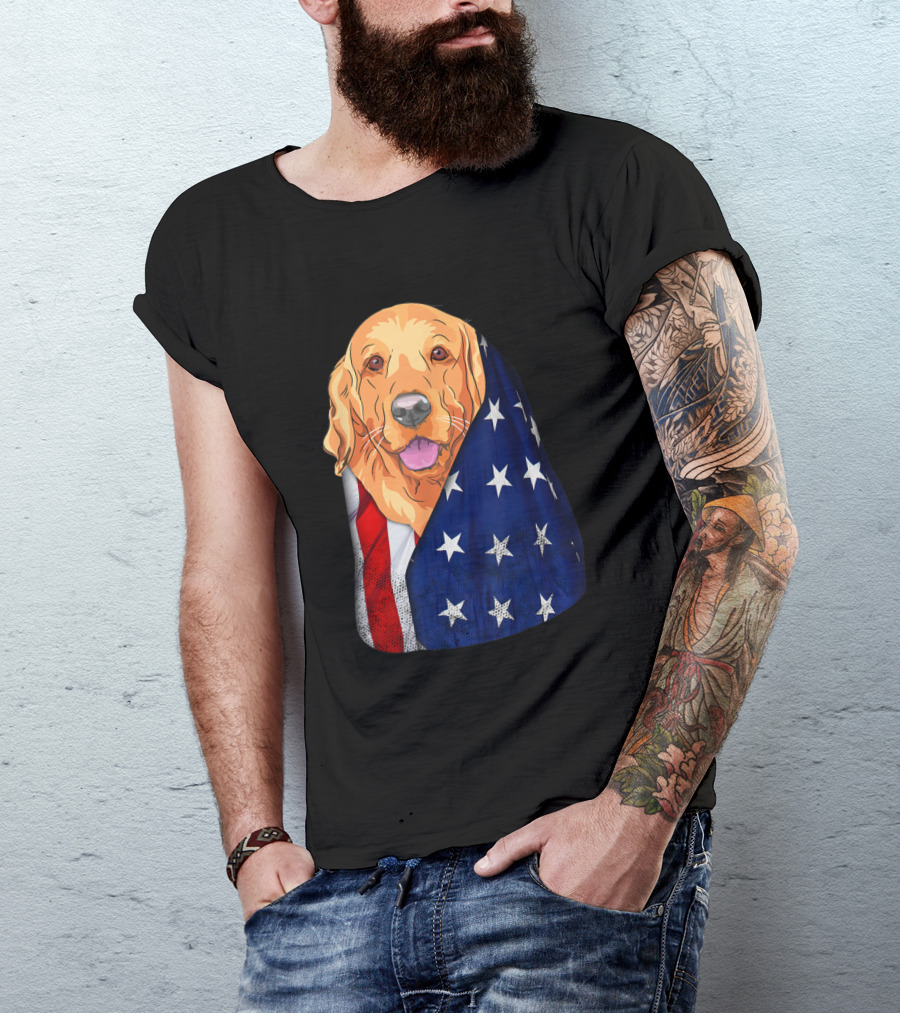 Golden Retriever Wrapped In American Flag For 4th Of July Celebrations T-Shirt