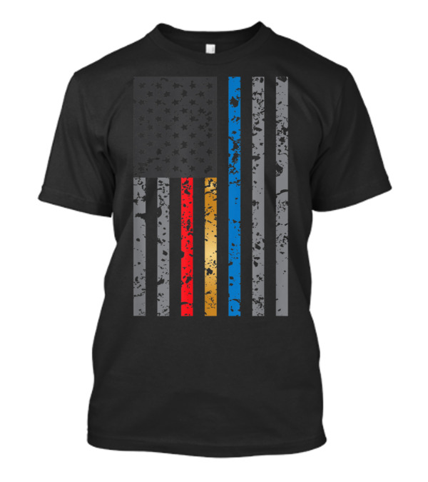 American Flag With Red Fire, Gold Dispatch, And Blue Police Lines Unite T-Shirt