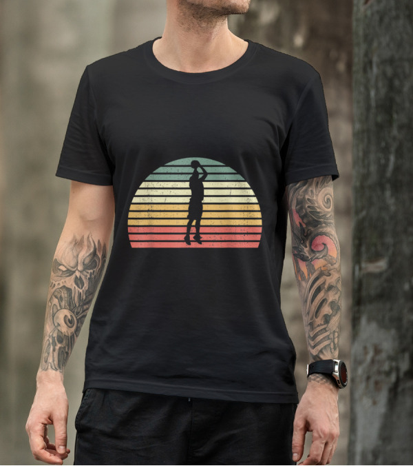 Vintage Basketball Jumpshot Silhouette 3 Pointer Retro Stripes T-Shirt