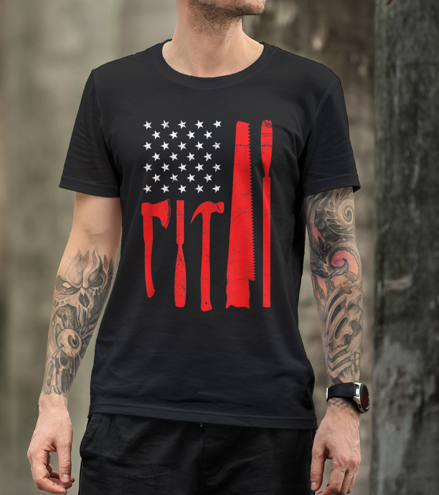 USA Patriotic Stars And Tools Theme For Woodworking Enthusiasts On 4th Of July T-Shirt