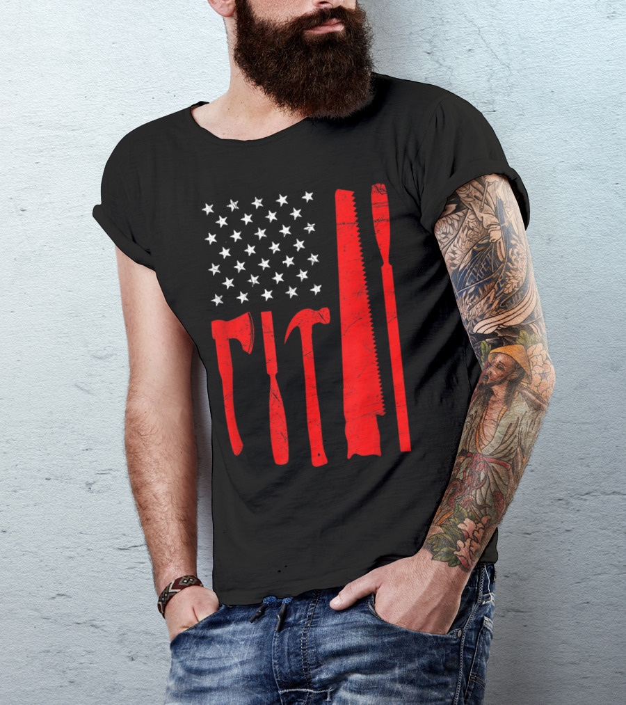 USA Patriotic Stars And Tools Theme For Woodworking Enthusiasts On 4th Of July T-Shirt