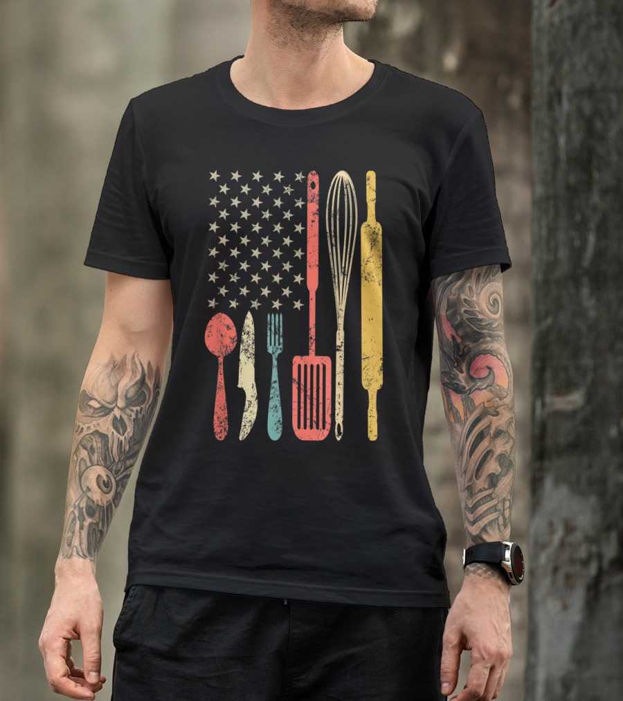 Patriotic Vintage USA Flag With Cooking Utensils T-Shirt