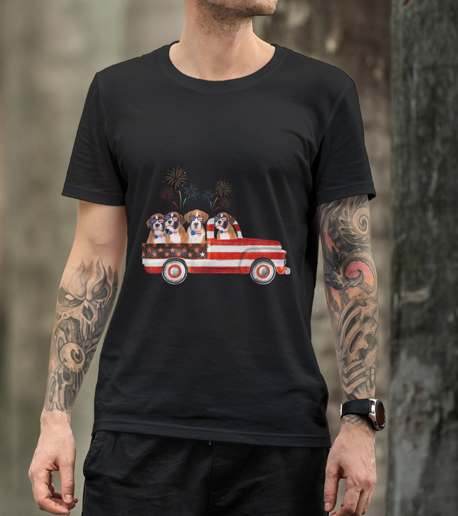 4th Of July American Happy Birthday Fireworks Patriotic Dogs In Flag Truck T-Shirt