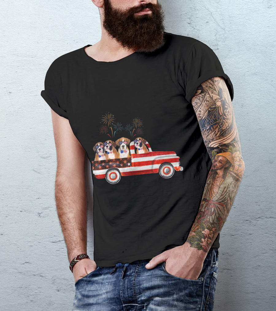 4th Of July American Happy Birthday Fireworks Patriotic Dogs In Flag Truck T-Shirt