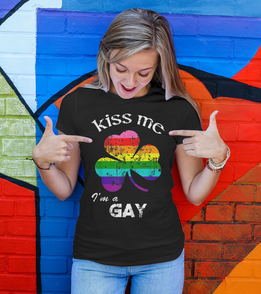 Kiss Me I'm A Gay Distressed Rainbow Shamrock St. Patrick's Day T-Shirt