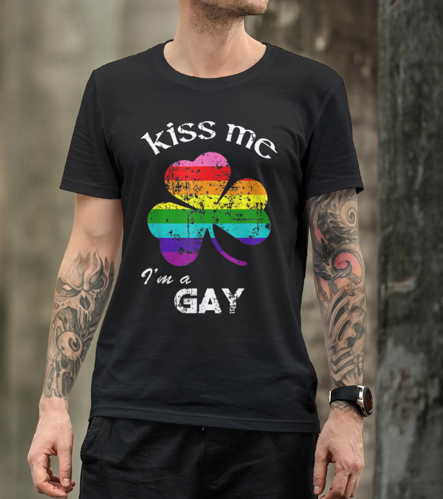 Kiss Me I'm A Gay Distressed Rainbow Shamrock St. Patrick's Day T-Shirt