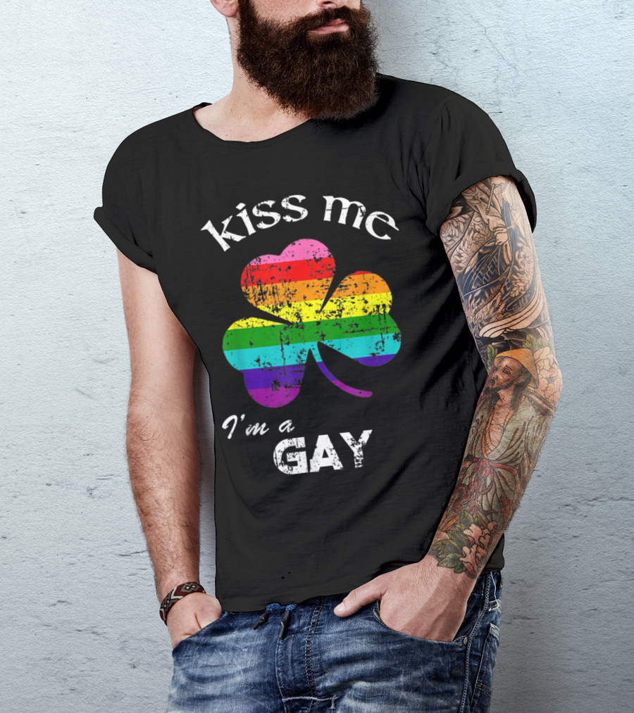 Kiss Me I'm A Gay Distressed Rainbow Shamrock St. Patrick's Day T-Shirt