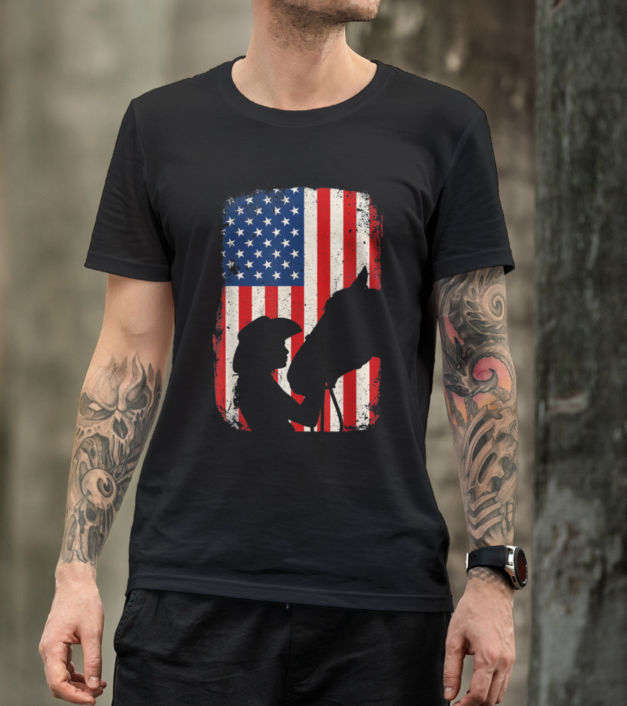 American Flag Vintage Horse Lovers Silhouette Girl T-Shirt
