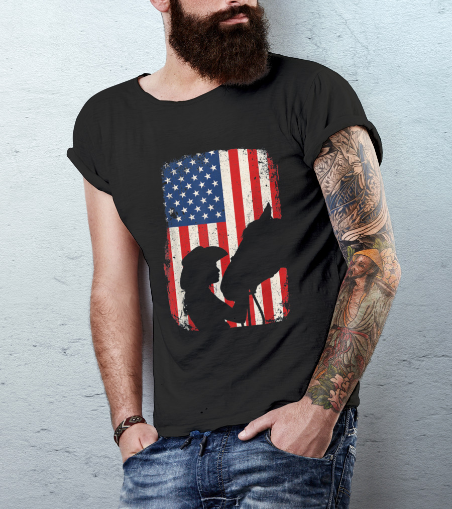 American Flag Vintage Horse Lovers Silhouette Girl T-Shirt