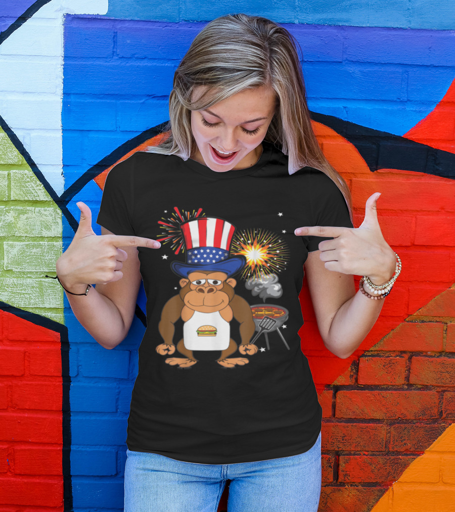4th Of July BBQ Gorilla Chef Burger Grill Fireworks Patriotic Hat T-Shirt