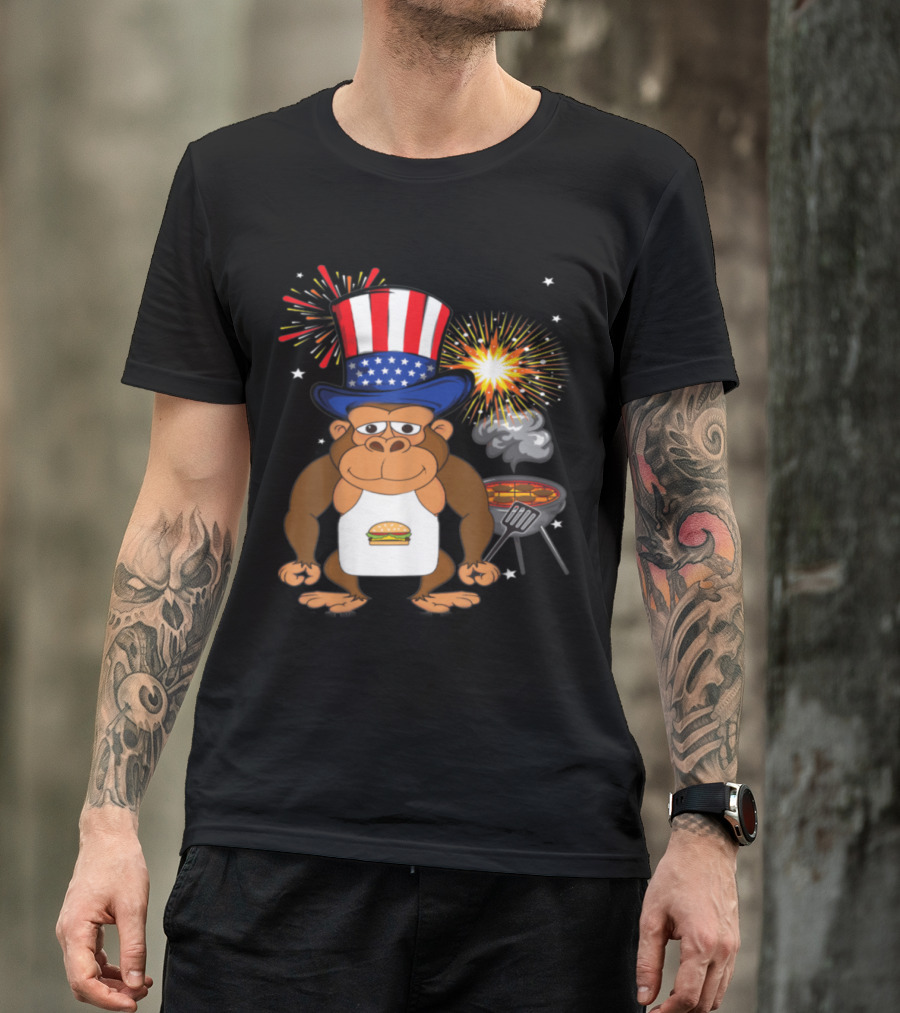 4th Of July BBQ Gorilla Chef Burger Grill Fireworks Patriotic Hat T-Shirt